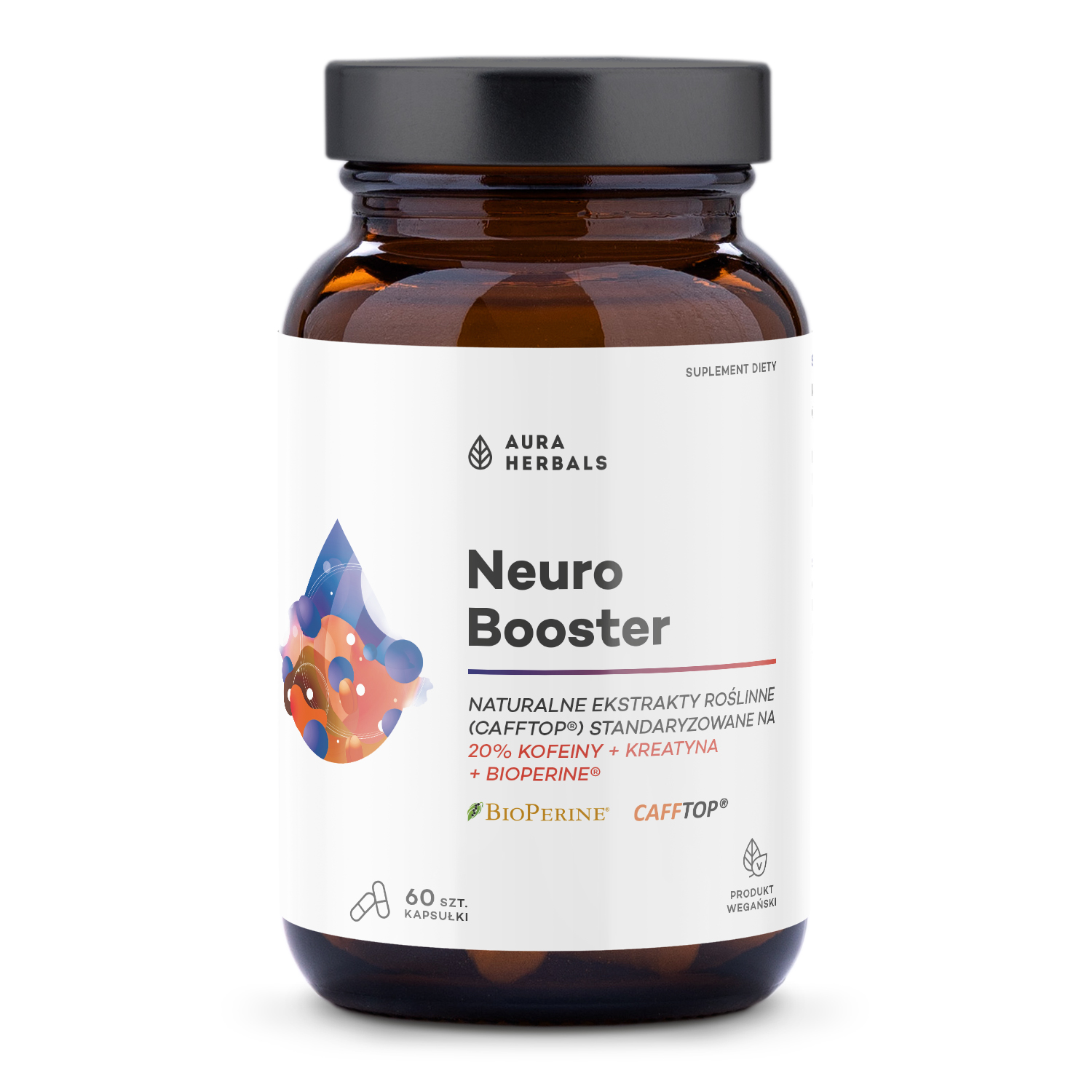 Brązowa butelka z napisem "neuro-booster-kapsulki-60szt-PL-1500x1500" z 60 wegańskimi kapsułkami zawierającymi ekstrakty roślinne, kofeinę, kreatynę, BioPerine i CaffTop.