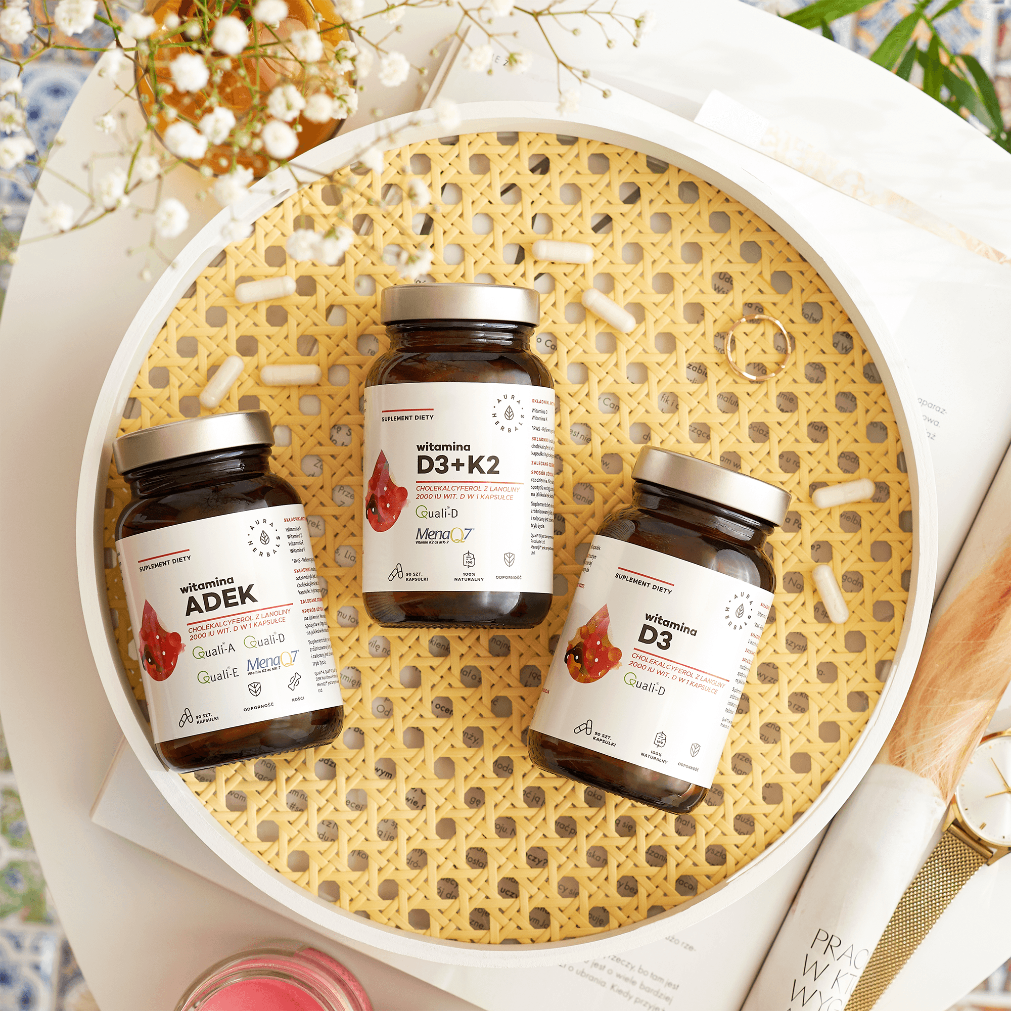 Produkty z witaminą D3 w kapsułkach: ADEK, D3, D3+K2