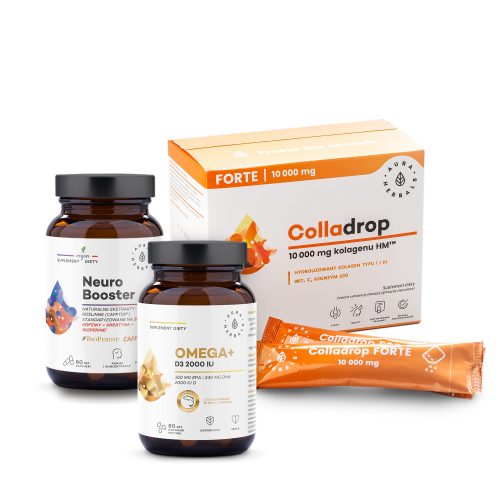 Zestaw suplementów dla mamy seniorki: Neuro Booster, kolagen w saszetkach, Omega+ D3 2000IU