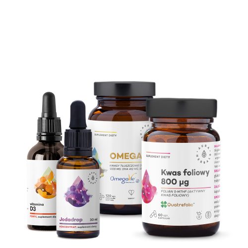 Zestaw suplementów dla przyszłej mamy: Witamina D3, Jodadrop, Omega-3, Kwas foliowy