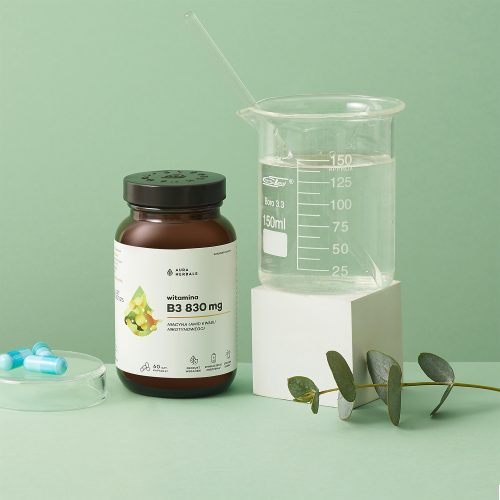 Butelka Witaminy B3 830 mg (niacyna, kapsułki 60 szt_1), przezroczysta zlewka z płynem, dwie niebieskie kapsułki i mała gałązka eukaliptusa na jasnozielonym tle.