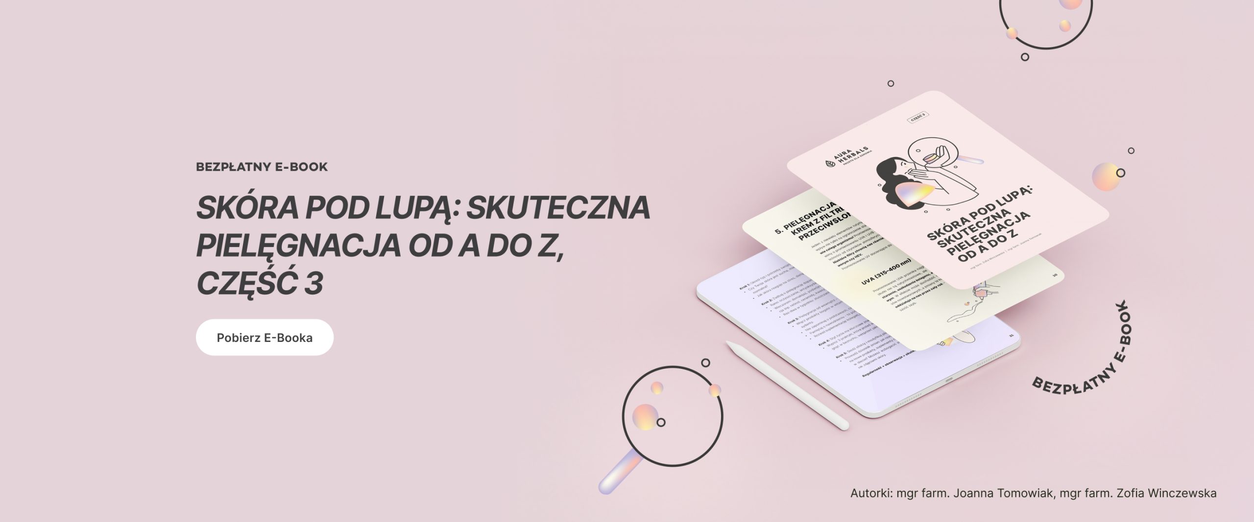 otwarty e-book na tablecie, dekoracyjne akcenty i polski tekst podkreślający skuteczne porady dotyczące pielęgnacji skóry.