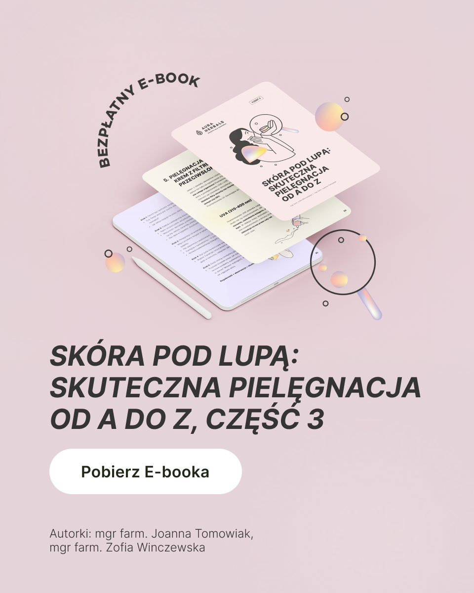 otwarty e-book na tablecie, dekoracyjne akcenty i polski tekst podkreślający skuteczne porady dotyczące pielęgnacji skóry.