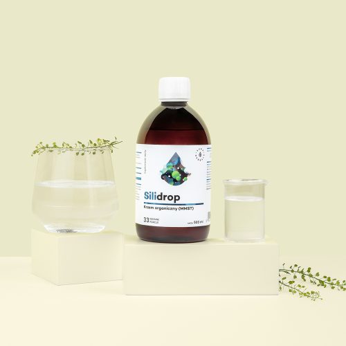 Butelka z napisem Silidrop-krzem-organiczny-MMST-plyn-500-ml_1500x1500_ jest umieszczona między szklanką wody a zlewką, z małymi roślinami na jasnych blokach, ustawionymi na jasnym tle.
