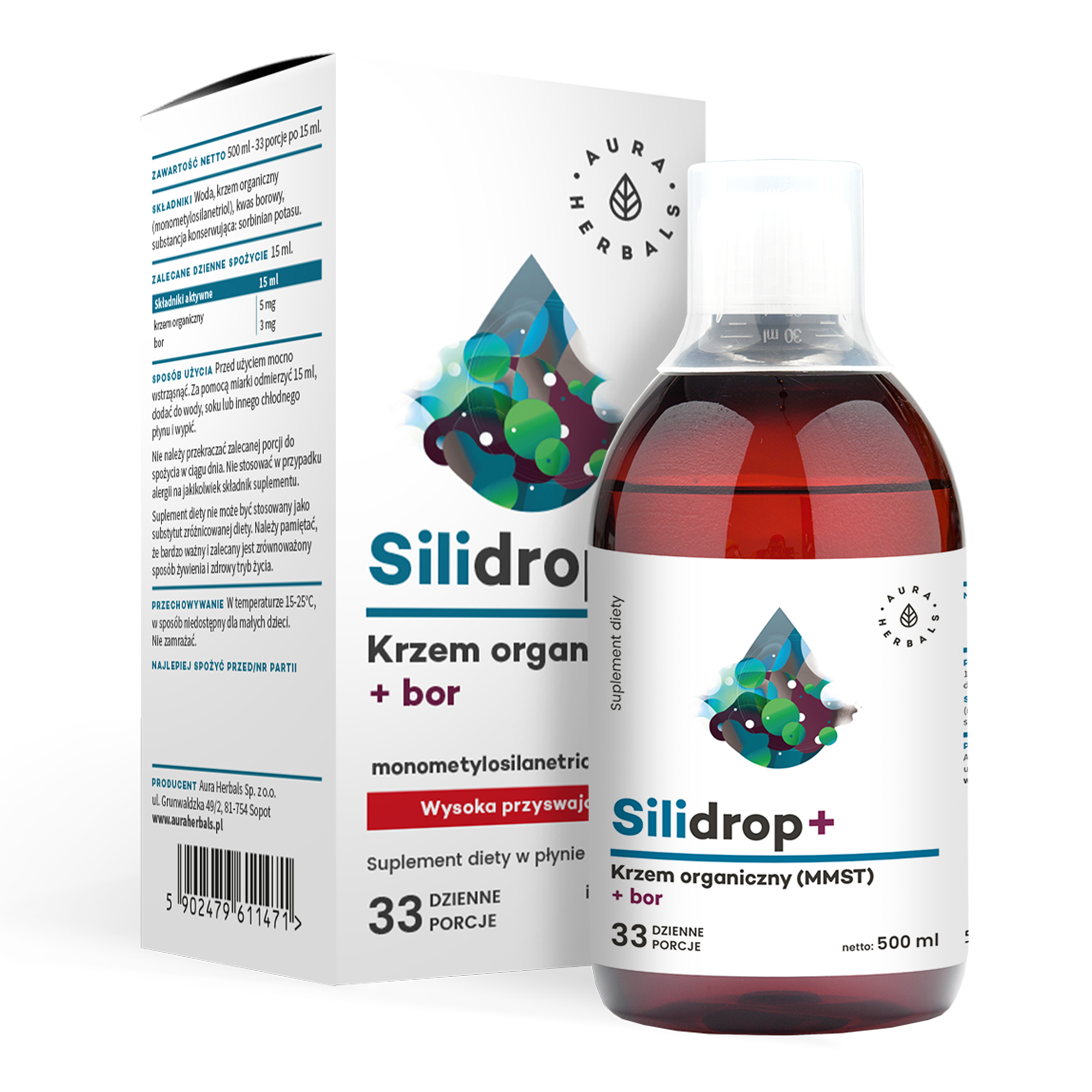Butelka 500ml i pudełko Silidropbor-krzem-MMST-plyn suplement diety z krzemem organicznym i borem, polska etykieta, zapewnia 33 porcje dzienne.