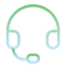 Logo f-logo-3 zawiera minimalistyczną ikonę zestawu słuchawkowego z mikrofonem, obrysowaną zielonymi i niebieskimi liniami gradientu na jasnym tle.