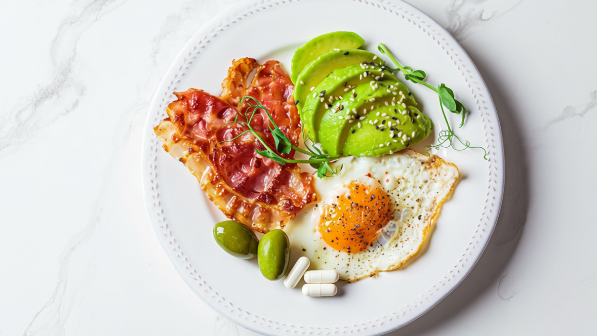 Talerz z produktami keto i notatką warto uzupełniać dietę ketogeniczną stosowaniem suplementów które uzupełniają brakujące składniki odżywcze